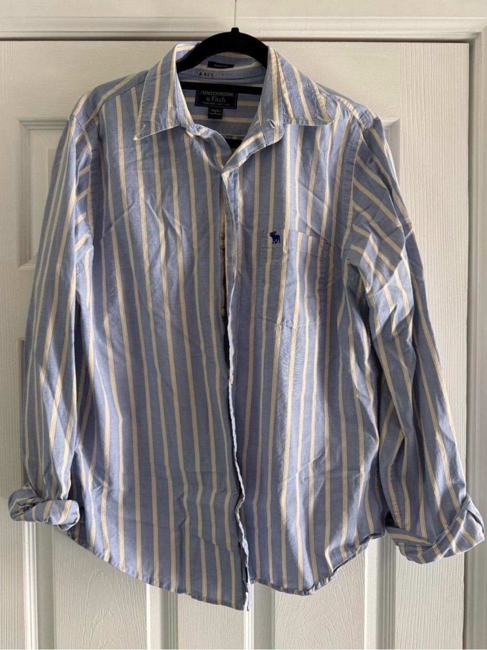 Abercrombie & Fitch Muscle Men’s L Blue Yellow Stripe Button Down A&F 92 “Lacy”